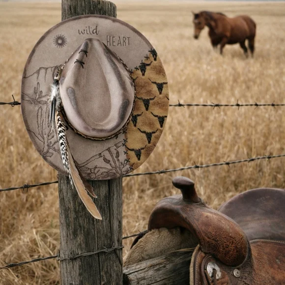 NWT Beige Wild heart desert scape burned Fedora cowboy hat - Picture 2 of 9